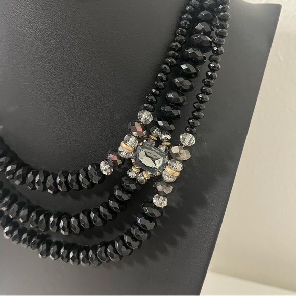 Vintage 3 Strand Necklace Gold Toned Smokey Rhinestones Clear & Black Beads - Picture 3 of 8